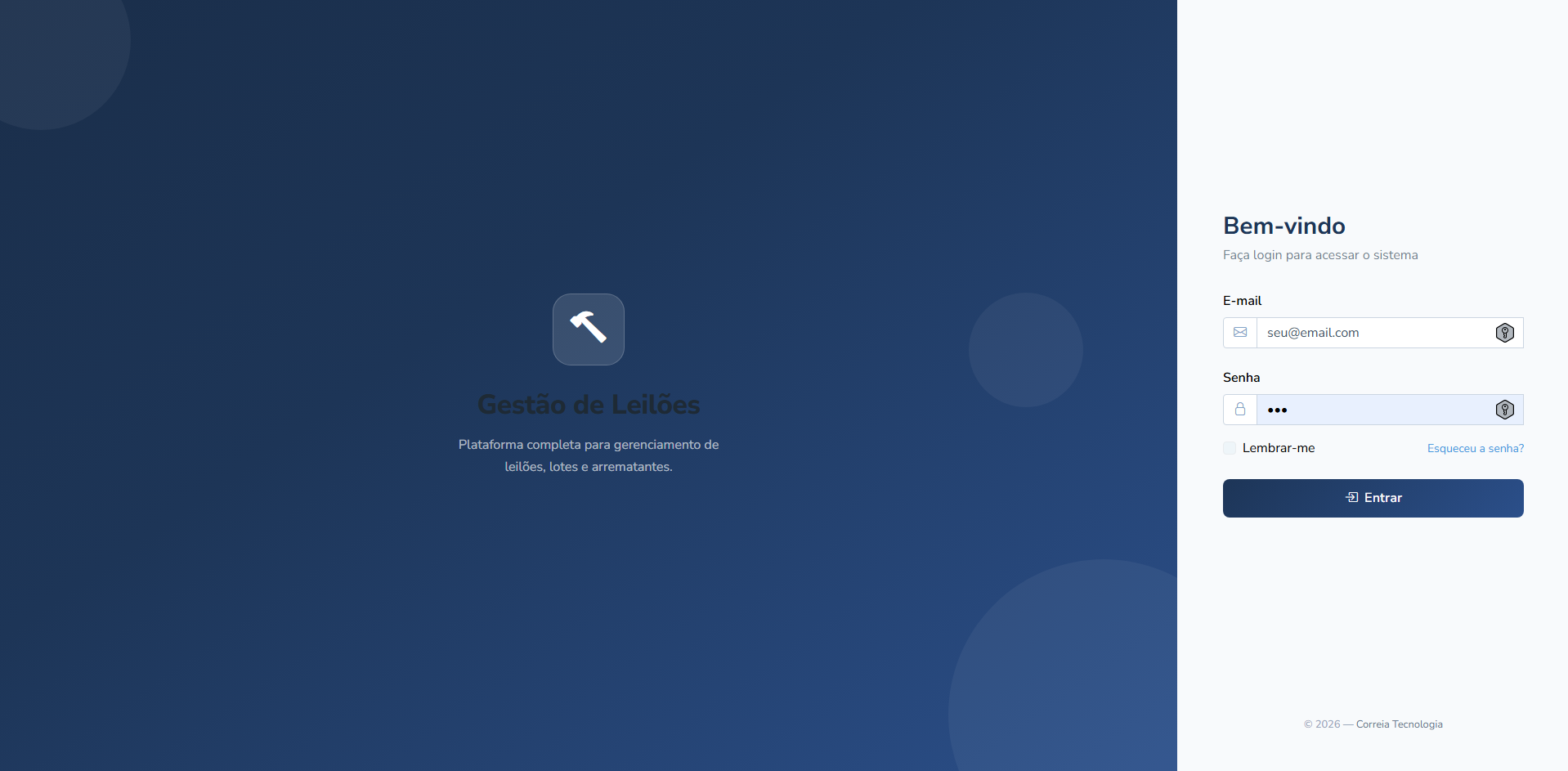 Tela de login do sistema Gestão de Leilões